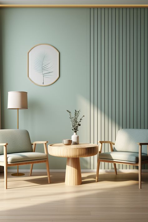 Teal Green Interior Design, Pastel Colors House Interior, Japandi Interiors Color, Light Green Dining Room Walls, Light Green Office Ideas, Light Teal Sofa, Dining Room Wall Colors Colour Palettes, Green Walls Dining Room, Japandi Pastel