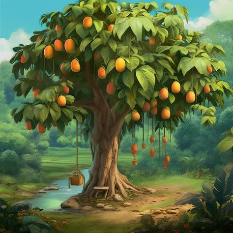 Mango Tree Illustration Art, Huge Tree Drawing, Fruit Tree Photography, Fantasy Fruit Tree, Mango Tree Painting, Mango Tree Aesthetic, Mango Tree Photography, Magical Tree Drawing, Mango Tree Drawing