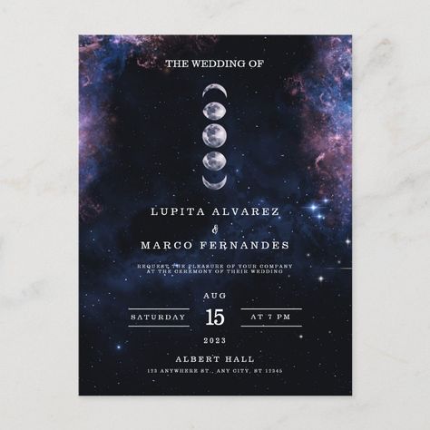 Elegant Space Theme Astronomy Moon Wedding Invitat Postcard Astronomy Wedding Theme, Space Wedding Theme, Space Theme Wedding Invitation, Galaxy Theme Invitation Card, Celestial Themed Wedding Invitations, Cosmic Wedding Invitations, Under The Stars Wedding Invitations, Moon Wedding Theme, Celestial Wedding Invitations