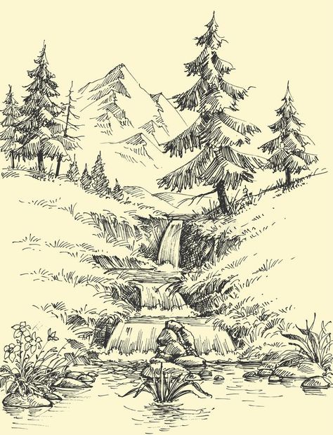 Human Skeleton Drawing, Landscape Pencil Drawings, Drawing Scenery, Nature Art Drawings, Mountain Drawing, Waterfall Landscape, Nature Sketch, Pen Art Drawings, Landscape Sketch