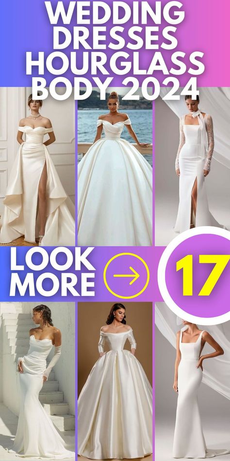 Best Wedding Dresses for Hourglass Body 2024: Discover the best wedding dresses for the hourglass body in 2024, tailored for curvy figures. This collection offers a variety of shapes and styles, from Indian types to summer gowns. Each dress is designed to enhance the shape, with options in red and black aesthetics. Fitted Wedding Gown No Train, Hourglass Bridal Gown, Wedding Dress Hourglass Body Types, Hourglass Wedding Dress Body Shapes, Big Train Wedding Dress, Best Wedding Dress For Hourglass Shape, Bridal Gowns 2024, Best Wedding Dress For Body Type, Hourglass Figure Wedding Dress