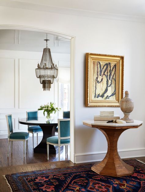 Art Entryway, Hunt Slonem, Transitional Dining Room, Interior Design Portfolios, Calming Spaces, Dining Room Interiors, Dining Areas, Modern Dining Table, Historic Home