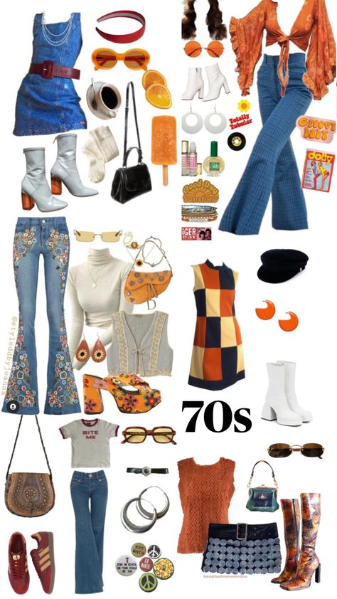 NOT MY COLLAGES I JUST PUT THEM TOGETHER!!! 70s Party Outfit, 70’s Outfit, 70s Inspired Outfits, 70 Outfits, Moda Hippie, Outfits 70s, Fest Outfits, Mode Hippie, Family Photo Shoot