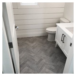 Tile In Small Bathroom, Blue Gray Tile, Gray Tile Floors, Herringbone Tile Floor Bathroom, Tile Floors Bathroom, Gray Herringbone Tile, Herringbone Tile Bathroom, Powder Room Tile, Room Tiles Floor