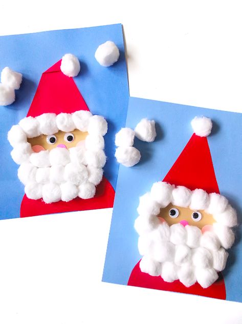 Cotton Ball Santa Beard, Cotton Ball Winter Crafts For Kids, Puffy Paint Santa Craft, Santa Cotton Ball Craft, Christmas Cotton Ball Crafts, Simple Christmas Activities For Toddlers, Christmas Crafts With Cotton Balls, Snowman Cotton Ball Craft, Merry Christmas Crafts For Kids