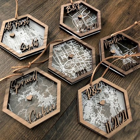 Personalized engraved map wooden and acrylic hexagon ornament Acrylic Laser Engraving Ideas, Laser Ideas Acrylic, Laser Engraved Wedding Gifts, Laser Acrylic Ideas, Acrylic Ideas Laser Cut, Wedding Laser Cut Ideas, Laser Engraving Ideas Acrylics, Laser Engraving Ideas Gifts, Acrylic Laser Projects