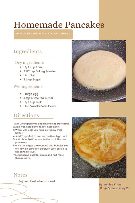 Recipe with ingredients and instructions in photo. No link. Simple and delicious. Pancake Batter Mix Recipe, How To Make Homemade Pancake Batter, Healthy Pancake Batter, How To Make Homemade Pancakes Recipes, Homemade Breakfast Pancakes, How To Make Pancakes With Crispy Edges, 1 Egg Pancake Recipe, Tasty Pancake Recipe, Ingredients For Pancakes