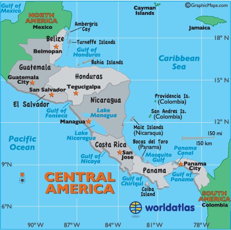 map of Central America. Central America, a part of North America, is a tropical isthmus that connects North America to South America. It includes 7 countries and many small offshore islands.  Overall, the land is fertile and rugged, and dominated through its heart by a string of volcanic mountain ranges. Map Of Central America, America Outline, Central America Map, Costa Rica Travel Guide, Flags Countries, Geography Map, 7 Continents, Tegucigalpa, America Map