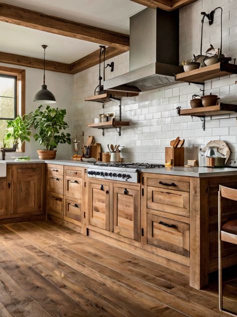 10 Warm Wood Kitchen Ideas: Instantly Upgrade Your Home - Homezillo Wood Cabinet Wood Floor Kitchen, Rough Wood Kitchen Cabinets, Wood Cabinets And Floors Kitchen, Oak And Brick Kitchen, Mix Wood Tones Kitchen, Hardwood Kitchen Cabinets, Wood Floor Wood Cabinets, Wood Cabinet Kitchens, Modern Kitchen With Wood Cabinets