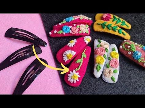 Hair Pin Diy Crafts, Cross Stitch Hair Clip, How To Make Embroidery Hair Clips, Embroidered Hair Clips Diy, Hair Clip Design Ideas Diy, Embroidery Hair Clips Diy, Hair Slides Diy, Handmade Clips Diy Hair, Embroidered Hair Clips Tutorial