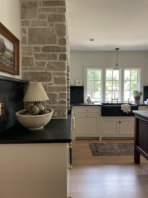 Soapstone Countertops Kitchen, Soapstone Kitchen, Stone Countertops Kitchen, Soapstone Counters, Soapstone Countertops, Back In Business, Walnut Kitchen, Black Countertops, Stone Backsplash