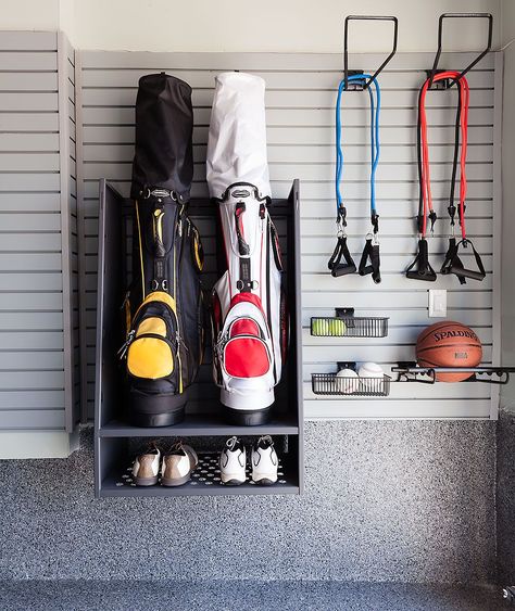 Wall Storage Garage, Backyard Organization, Sports Equipment Organization, Sports Equipment Storage, Garage Wall Storage, Garage Storage Inspiration, Sports Storage, Home Gym Garage, Garage Renovation