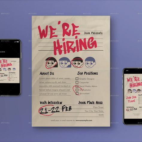 Cream Retro Flat Design We're Hiring Flyer Set Graphic Design Promotional Flyers, Hiring Creative Design, For Hire Poster, Recruitment Design Ideas, We're Hiring Design, We Hiring Poster Design, Ads Ideas Creative, We're Hiring Poster Design, We Are Hiring Creative Poster Design