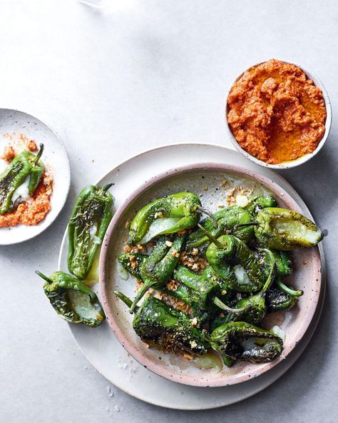 Manchego-stuffed padrón peppers with romesco dip Romesco Dip, Party Food Favorites, Padron Peppers, Chorizo Stew, Cheese Soufflé, Eurovision Party, King Prawns, Souffle Recipes, Tapas Dishes