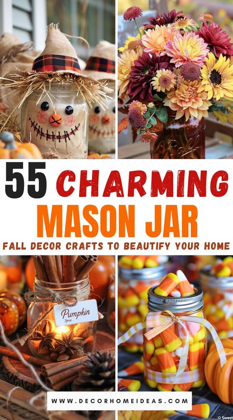 Enhance your home’s autumn ambiance with these 55 lovely mason jar fall decor crafts. This post offers a variety of creative ideas, from candle holders and vases to lanterns and centerpieces. Discover how to transform simple mason jars into charming, seasonal decorations that bring warmth and beauty to your space. Mason Jar Crafts Christmas Gifts, Square Glass Jar Decorating Ideas, Diy Fall Mason Jar Decorations, Recycle Bath And Body Works Candle Jars, Quart Jar Crafts, Cream Can Decor Ideas, Canning Jar Ideas, Small Mason Jar Ideas, Fall Crafts Diy For The Home