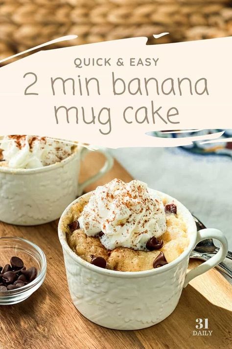 If you need quick and easy comfort food, this Chocolate Chip Banana Mug Cake will become your new best friend. It is outstandingly delicious. As you might imagine, we've become well acquainted, this mug cake and me. #mugcake #quickandeasy #microwave #cake #banana #bananabread #bananacake #microwavecake #31Daily Microwave Banana Bread, Quick And Easy Comfort Food, Banana Bread Mug, Microwave Mug Recipes, Banana Cake Recipe Easy, Banana Mug Cake, Chocolate Chip Mug Cake, Easy Mug Cake, Cake Banana