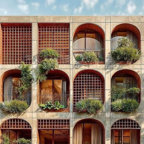 Tiles Facade Architecture, Concrete Balcony, Mediterranean Windows, Facades Design, Vernacular Design, Solar Shading, Window Balcony, Urban Design Architecture, Green Facade