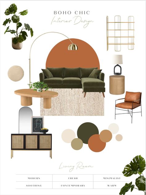 Studio Apartment Boho Chic, Modern Chic Studio Apartment, Modern Boho Bookshelf, Subtle Living Room Colors, Dining Room Decor Boho Modern, Industrial Boho Color Palette, Modern Boho Living Room Mood Board, Boho Corporate Office, Modern Boho Color Scheme