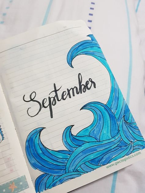 Blue waves Waves Journal Ideas, Waves Border Design, Water Waves Drawing, Cover Page For Project, Book Cover Page Design, File Decoration, Project Cover Page, Wave Drawing, File Decoration Ideas