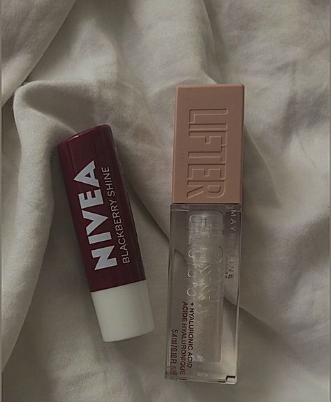 - nivea : blackberry shine - maybelline lifter gloss - 01 pearl Asethic Pictures, Lip Combos, Popular Makeup, Girly Pop, Makeup Bag Essentials, Wishlist 2024, Future Dreams, Makeup Aesthetic, Fancy Makeup