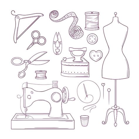 Fashion Tools Illustration, How To Draw A Sewing Machine, Dress Form Drawing, Sewing Materials Drawing, Sewing Pictures Art, Sewing Coloring Pages, Sewing Machine Sketch, Sewing Machine Painting, Sewing Doodles