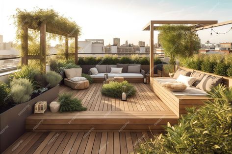 Premium AI Image | A rooftop deck with a wooden deck and a wooden bench with a canopy Wooden Deck Terrace, Rooftop Deck Ideas Roof Terraces, House With Rooftop Deck, Rooftop Landscape, Seaside Apartment, Deck Planters, Deck Layout, Raised Deck, Wooden Canopy