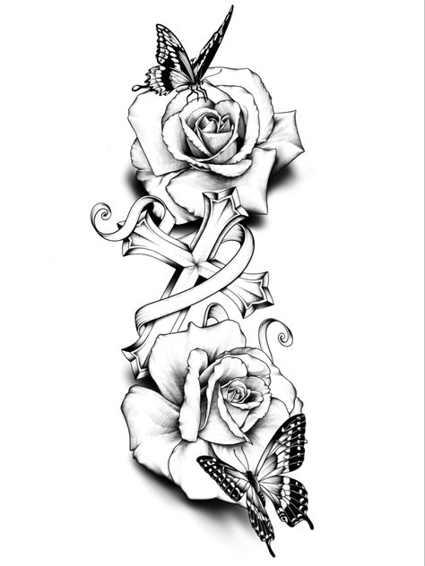 Crosses And Roses Tattoos, Crosses With Roses Tattoo, Tattoo Ideas With A Cross, Grown Women Tattoos, God And Roses Tattoo, Heart And Rose Tattoo Design, Women Rose Tattoo Arm, Full Female Sleeve Tattoo, Drawing Ideas For Tattoos Sketch