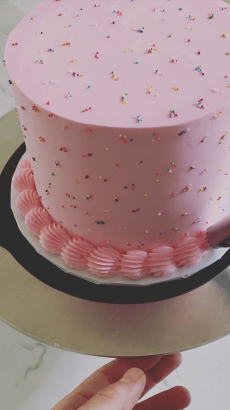 Pink Birthday Cake Sprinkles, Sprinkle Frosting Cake, Pink Polka Dot Cake, Pink 3rd Birthday Cake, Simple Sprinkle Birthday Cake, Pink Bday Cake Simple, Pink Birthday Cake With Sprinkles, Minimal Pink Cake, Pink Funfetti Cake