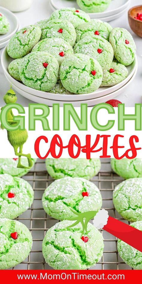 Christmas Cookies Kids, Easy Holiday Cookies, Grinch Cookies, Christmas Cookie Recipes Holiday, Christmas Baking Cookies, Christmas Baking Recipes, Christmas Cookies Easy, Holiday Cookie Recipes, Crinkle Cookies