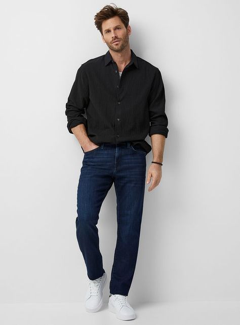 Embrace 2024 Spring with Trendy Men's Jeans Outfits Dressing Up Jeans For Men, Mens Indigo Jeans Outfit, Jean And Shirt Outfits Men, Jeans Pant Outfit, Modest Men Outfit, Jeans With Shirt Men, Shirt And Jeans Outfit For Men, All Blue Outfit Men, Jeans And Shirt Outfit Men