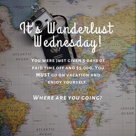 It's Wanderlust Wednesday! Wednesday Travel Post, Travel Agent Marketing Ideas Tips, Travel Marketing Ideas Social Media, Travel Agent Post Ideas, Travel Agent Social Media Posts, Wednesday Interactive Post, Travel Agent Quotes, Engagement Prompts, Travel Consultant Business