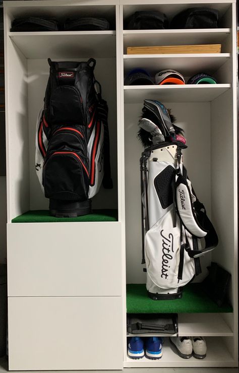 This is the golf locker I created using Ikea furniture. Golf Closet Organization, Golf Bag Storage Diy, Golf Storage Ideas, Golf Closet, Hockey Equipment Storage, Shoe Storage Room, Golf Diy Projects, Golf Organizer, Golf Club Storage