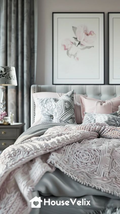 Grey and Blush Romance Grey Bedrooms, Grey Bedroom Ideas, Grey And Coral, Grey Bedroom, Minimalist Furniture, Elegant Bedroom, Gray Bedroom, Plush Rug, Stylish Bedroom