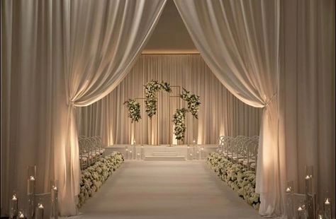 Wedding Decorations Hall, Altar Wedding, Lounge Wedding Reception, Wedding Venue Drapes, Church Decorations Wedding, Traditional Ceremony Sets With Drape, Indoor Wedding Ceremony, Candle Lit Wedding Ceremony Indoor, Wedding Ballroom Decor