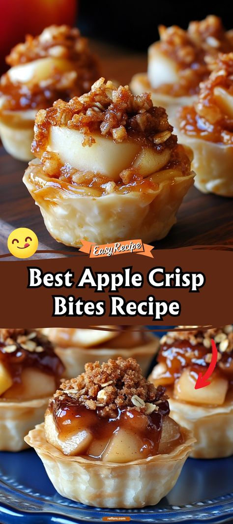 Savor the taste of fall any time with these delectable Apple Crisp Bites. Tiny, tarte apple pieces enveloped in a crispy oat topping make these bites a perfect small treat or a great addition to any autumn gathering. #AppleCrispBites #FallDesserts #TinyTreats Caramel Apple Crisp Bites, Apple Crisp Cups Easy, Apple Crisp Bites Recipe, Iowa Party Bites, Honey Crisp Apple Recipes, Apple Crisp Cups, Mini Apple Crisp Recipe, Apple Crisp Bites, Apple Crisp Muffins