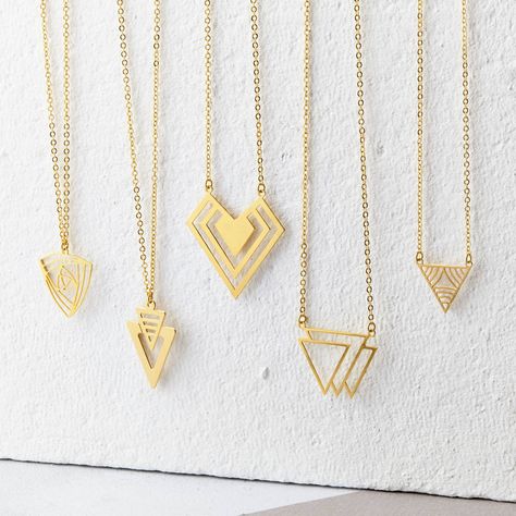 Are you interested in our Gold Triangle Necklace Collection? With our Modern Minimalist Geometric Jewellery you need look no further. Jewellery Gold Necklace, Modern Geometric Jewelry, Minimalist Jewellery, Gold Triangle, Laser Cut Jewelry, Triangle Necklace, Jewellery Gold, Classy Jewelry, Necklace Minimalist