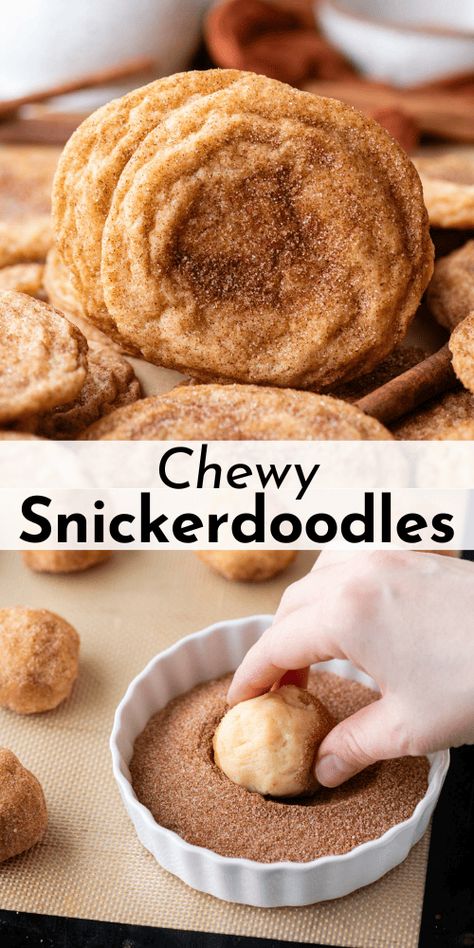 These snickerdoodles are my go-to crowd pleaser cookie! This soft and chewy snickerdoodle recipe takes just 20 minutes from start to finish, but shhh... these cookies are so good, no one will ever know how incredibly easy they are to make! Chewy Snickerdoodle Cookies Recipes, Easy Cookie Recipies, Snickerdoodle Cookies Recipe Easy, Cinnamon Dessert Recipes, Easy Snickerdoodle Recipe, Soft Snickerdoodle Cookies, Best Snickerdoodle Cookies, Snickerdoodle Cookies Easy, Soft Cookie Recipe