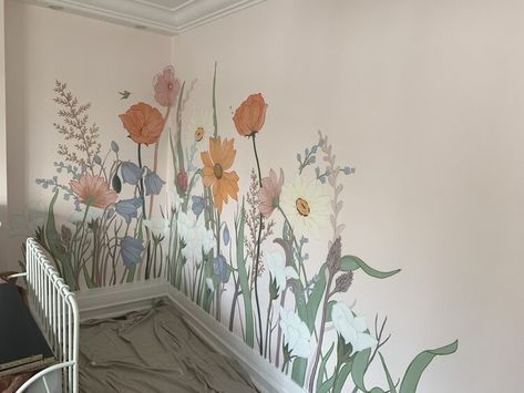 Flower Wall Painting Murals, Diy Wall Mural Nursery, Hand Painted Bedroom Mural, Large Flower Mural Wall Paintings, Girls Room Mural Ideas, Sage Playroom, Kids Wall Murals Painted, Girl Nursery Mural, Phoebe Wall