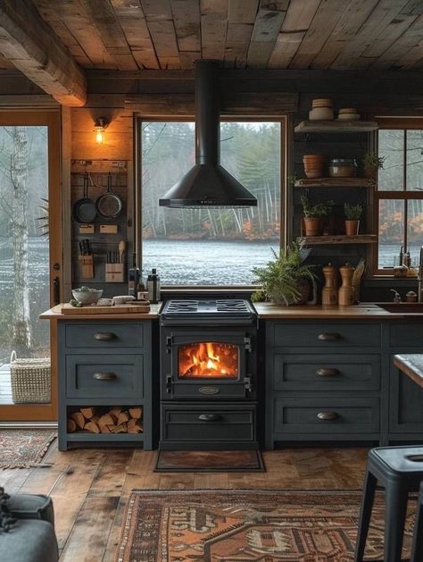 Cabin Vibes Aesthetic, Small Cabin Designs Interiors, Cabin Renovation Ideas, Wood Stoves Ideas Kitchen, Cabin Core Decor, Log House Interior Modern, Log Cabin Aesthetic Interior, Summer Cabin Interior, Modern Log Cabin Interior Design