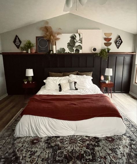 Black Bedroom Board And Batten Wall, Black Wall With Wood Accents Bedroom, Board And Batten Wall Bedroom With Shelf, Master Bedrooms With Accent Wall With Shelf, Accent Wall Shelf Bedroom, Black Metal Bed Frame Accent Wall, Wall Accent Headboard, Moody Bedroom White Bedding, Accent Wall Shelving