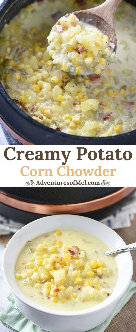 Creamy Potato Corn Chowder with bacon and cheddar is so easy to make. Hearty soup that makes a cozy weeknight meal the whole family will love! #soup #easyrecipes ad Soup Recipes Potato, Corn Chowder With Bacon, Potato Chowder Recipes, Dinner Bacon, Soup Chowder, Easy Corn Chowder, Bacon Corn Chowder, Potato Corn Chowder, Potato Chowder