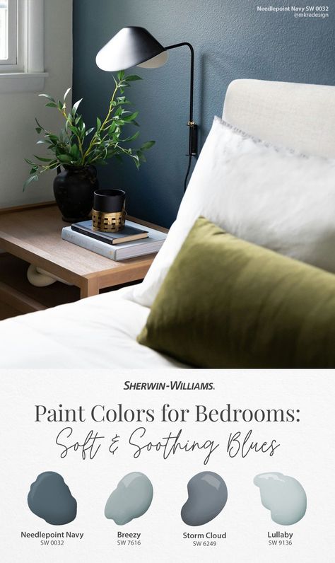 For a beautiful-in-blue bedroom, try these paint colors from Sherwin-Williams. Tap this pin to order free color chips including Needlepoint Navy SW 0032, Breezy SW 7616, Storm Cloud SW 6249, and Lullaby SW 9136. Thanks for sharing your #SWColorLove, @mkredesign and @studio.tk.photography (both on Instagram). #sherwinwilliams #bedroom #blue #bluepaint #diy #paint #painting #decor Sw Rainstorm Bedroom, Breezy Paint Sherwin Williams, Blue Mystery Sherwin Williams, Blue Bedroom Wallpaper Ideas, Neutral Blue Paint Colors Bedroom, She Twin Williams Bedroom Colors, Sherwin Williams Waterloo Bedroom, Navy Bedroom Paint Colors, Sherwin Williams Riverway Bedrooms