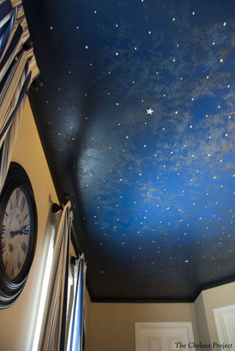 s 17 impossibly creative ceiling ideas that will transform any room, Paint The Night Sky With Ragging Painted Roof In Bedroom, Roof Painting Ideas Ceilings, Paint Night Sky, Stenciled Ceiling, Unique Roof, Geometric Ceiling, Covering Popcorn Ceiling, Paint Decoration, Sky Ceiling