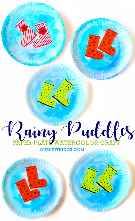 Paper Plate Watercolor Puddle Craft Raincoat Craft For Preschool, Rainboot Craft Preschool, April Showers Bring May Flowers Crafts For Toddlers, Toddler Umbrella Craft, Puddle Craft Preschool, Spring Umbrella Craft, April Shower Crafts For Kids, Fall Weather Crafts For Preschool, Umbrella Craft For Toddlers