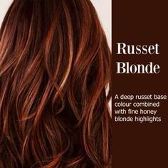 Russet Red - I would leave out the blonde highlights Red To Blonde, Honey Blonde Highlights, Hair Color Auburn, Red Highlights, Hair Color Highlights, Auburn Hair, Ombre Hair Color, Hair Color And Cut, Red Hair Color