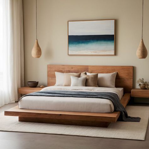 ⚠️LINK IN BIO⚠️ A serene Zen-inspired bedroom with a low platform bed, natural materials, and a calming color palette for a tranquil and peaceful ambiance. #ZenBedroom #LowPlatformBed #NaturalMaterials #CalmingColors Low Wood Platform Bed, Low Cot Bed Design, Minimalist Low Bed, Low Bed Bedroom Ideas, Room Inspiration Bedroom Simple, Bed Cot Designs, Bedroom Low Bed, Low Bed Frame Ideas, Bed Japandi