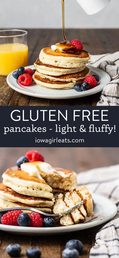 Easy Gluten Free Pancakes are light, fluffy, and made with fridge and pantry staples in minutes. Meet your new, go-to gluten free pancake mix! iowagirleats.com vegan pancakes, dairy free pancakes, gluten free breakfast recipes, gluten free brunch recipes, gf pancakes Gluten Free Flour Pancakes, Gluten Free Pancake Mix Recipe, Gluten Free Dairy Free Pancakes, Gluten Free Pancakes Easy, Gluten Free Protein Pancakes, Fluffy Gluten Free Pancakes, Gluten Free Brunch Recipes, Gluten Free Pancake, Gluten Free Pancake Mix