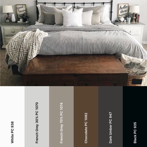 White Brown Gray Bedroom, Grey Black White Brown Interior, Black Metal And Wood Bed Frame, Dark Gray Color Palette Bedroom, Black White Grey Brown Bedroom, Grey Bedroom Brown Furniture, Light Grey Bedroom Walls Dark Brown Furniture, Black Grey Wood Bedroom, Black White Grey Tan Bedroom