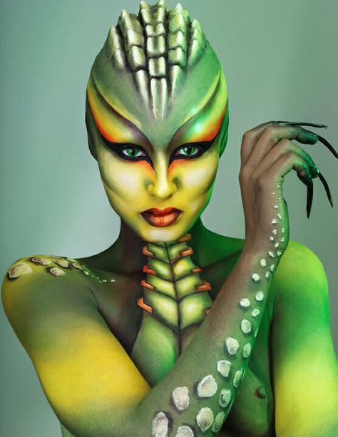 Alien Body Painting, Airbrush Body Art, Alien Prosthetic Makeup, Bowser Makeup, Reptile Makeup, Lizard Makeup, Frog Makeup, Snake Makeup, Black Contact Lenses