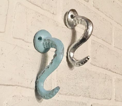 Kraken Bathroom, Octopus Bathroom, Coastal Towels, Octopus Decor, Bath Hooks, Coat Hooks Wall Mounted, Drywall Anchors, Crochet Unique, Beach Bungalow